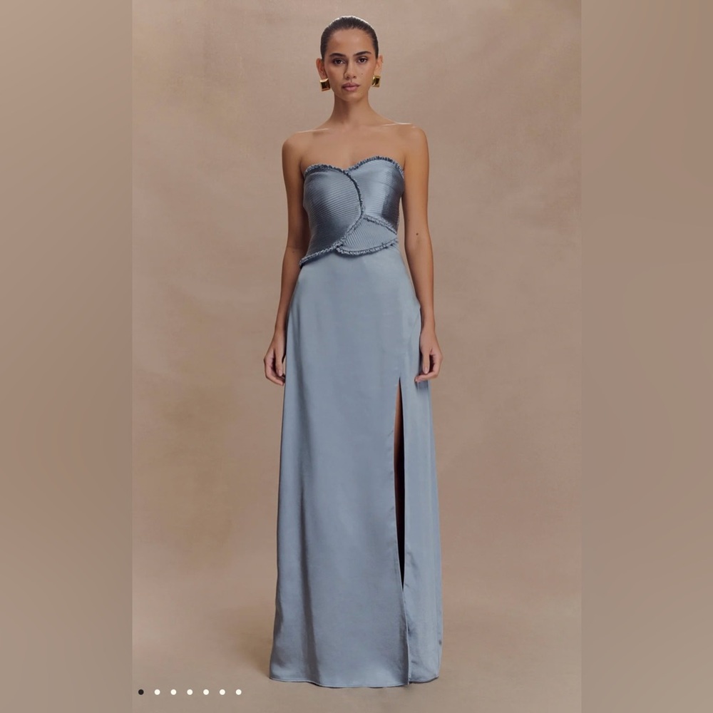 Larissa Satin Maxi Dress With Ruched Petals - Frosted Blue